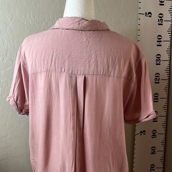 Pink Republic pink cuffed short sleeve button front top ties @ waist pocket SZ L - Picture 4 of 10